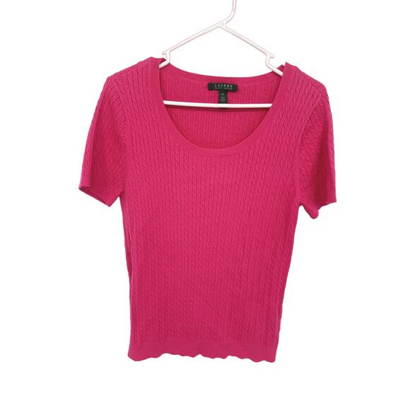 Lauren Ralph Lauren Pink Cable Knit Low Neck Top Short Sleeve Size XL - Picture 1 of 5